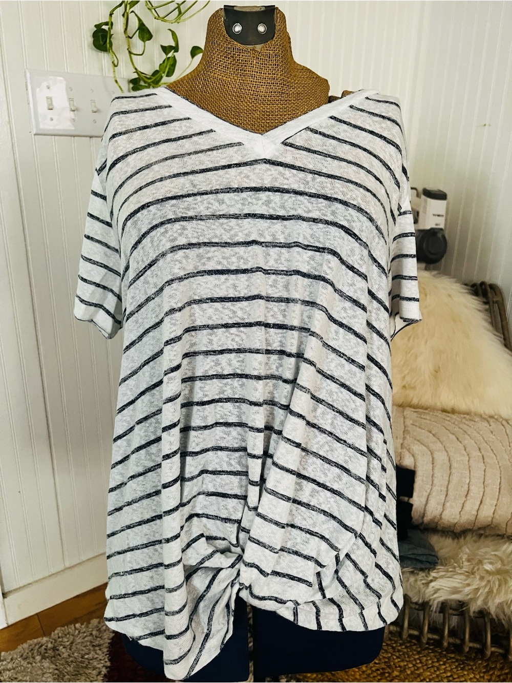 Caslon White & Black Striped V-Neck Twist Front Tee